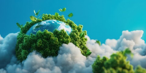 A vibrant world enveloped by lush greenery and clouds, symbolizing nature's resurgence and environmental harmony.