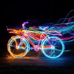 Fototapeta premium light painting shot of a bicycle at night, long exposure shutter speed, vibrant colors forming abstract shapes, and low angle shot for added drama
