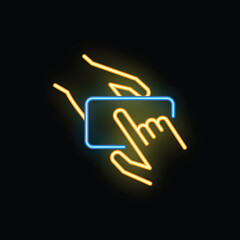 Neon sign illustration of two hands holding a smartphone with one finger touching the screen