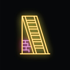 Yellow neon sign of a ladder leaning on a brick wall on a black background