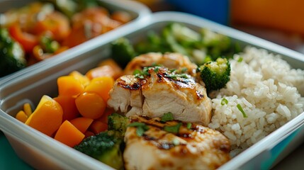 Rice, grilled chicken, and veggies in a lunch box on a school table.
