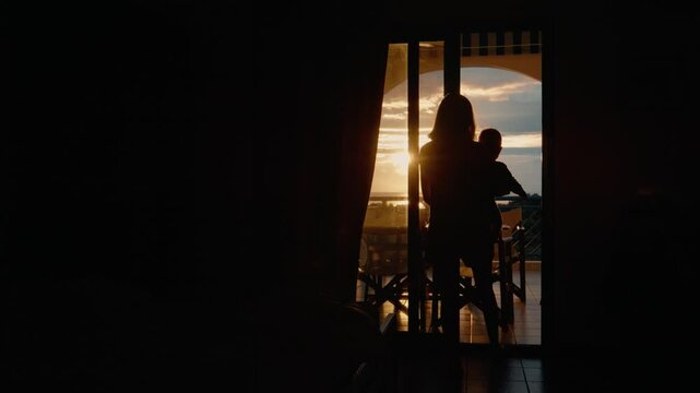 The mother, with the child in her arms, goes out onto the balcony to watch the sunrise. Mom and son are standing on balcony, enjoying nature.