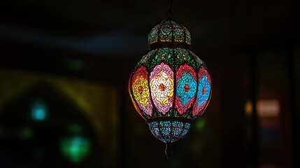 Colorful Moroccan lantern hangs, glowing softly, in dark room
