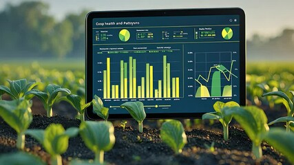 Digital tablet with agricultural analytics displaying crop health and soil data in a modern smart farming environment

 - Powered by Adobe
