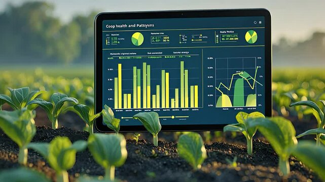 Digital tablet with agricultural analytics displaying crop health and soil data in a modern smart farming environment

