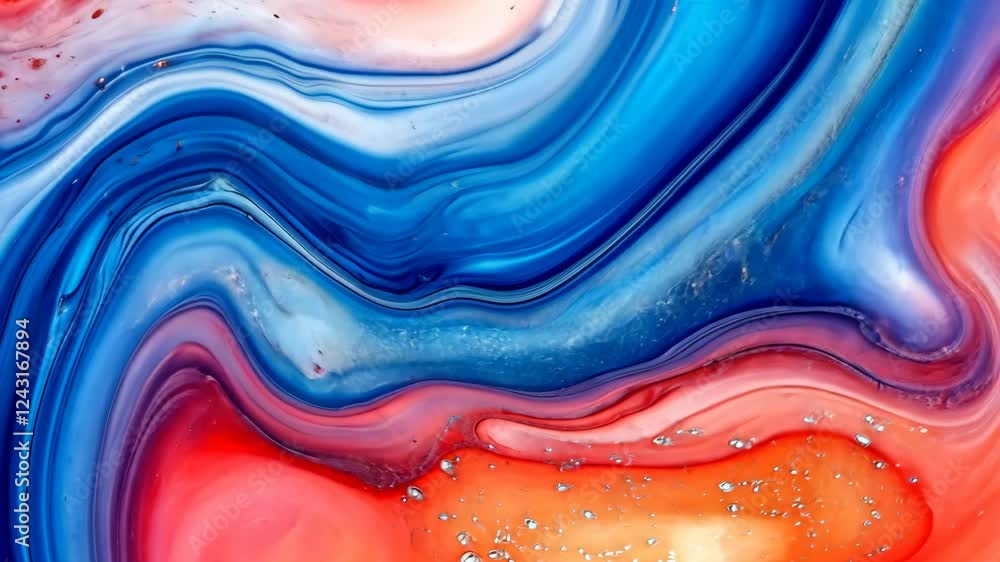 Poster colorful abstract swirl of blue and red patterns with splashes of orange and glitter in a vibrant de