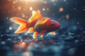 Fototapeta premium Goldfish Serenity in Aquatic Glow: Underwater Scene with Bokeh Light Effects