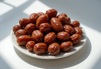 Obraz premium Sunlit plate of glistening dates create inviting still life arrangement