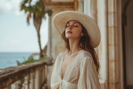 beautiful woman at vintage villa by the sea, with classic architecture, a private garden, and refined decor, minimal background with copy space, old money style