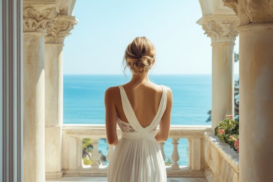 beautiful woman at vintage villa by the sea, with classic architecture, a private garden, and refined decor, minimal background with copy space, old money style