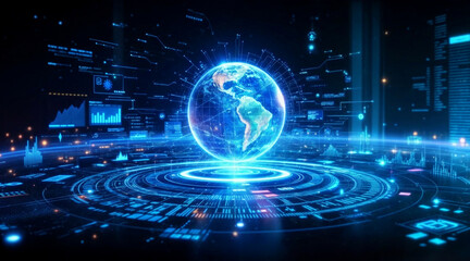 Digital Futuristic Globe with Neon Blue Highlights in a Cyber Environment Depicting Technology, Connectivity, and Virtual Global Networks