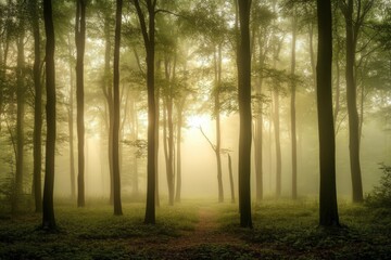 Fototapeta premium misty forest scene at dawn, with soft light filtering through the trees, creating a sense of calm and serenity, minimal background with copy space