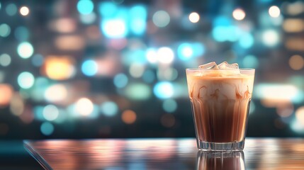 Iced Latte in Glass with Bokeh Background on Tabletop