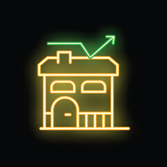 Neon icon of house price increasing showing growth with upward arrow