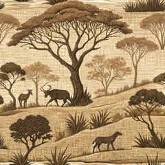 Seamless burlap fabric texture with vintage forest scene and deer