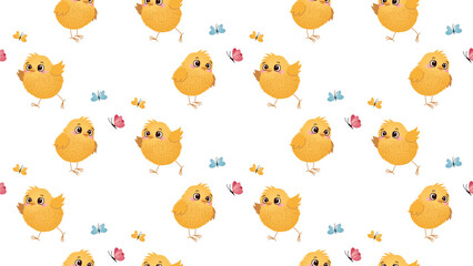 Seamless pattern with cute yellow chicks and small colorful butterflies on a white background. Easter spring design for textile, wallpaper, and wrapping paper. Vector illustration.
