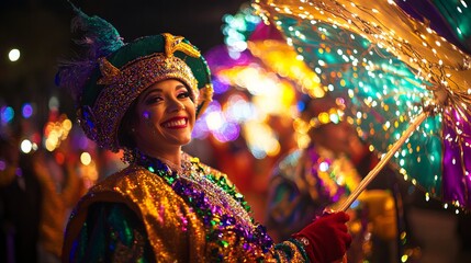 Shimmering lights and festive energy of a Mardi Gras night parade.