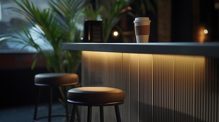 Coffee to go on bar counter with plant and stools in ambient light