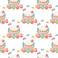 Seamless pattern with traditional Easter cake, colorful eggs, and butterflies on a white background. Easter holiday celebration design for textile, wallpaper, greeting card, and wrapping paper.