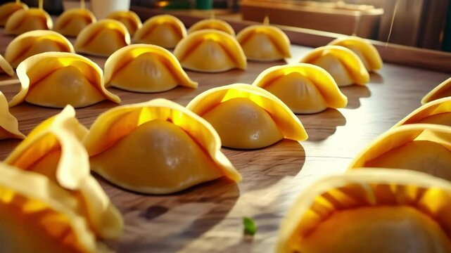 Golden dumplings on wooden board in sunlit kitchen