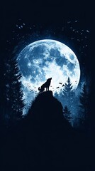 Silhouette of a lone wolf howling at a massive full moon.