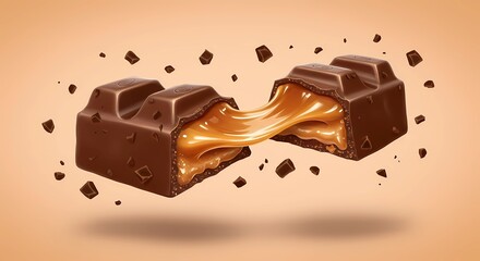 Chocolate Bar Drizzled With Caramel, Set Against a Rich Brown Background, Showcasing a Decadent Dessert Experience