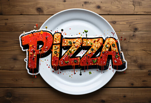 pizza word on wooden