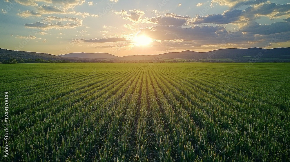 Poster golden sunlight bathes lush green fields as evening approaches, casting long shadows across the rows