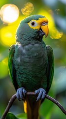 Obraz premium a collection of vibrant parrots perched on branches in a lush natural setting, showcasing their strikingly colorful plumage with intricate feather details. the images capture the birds in various clos