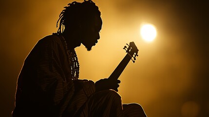 Silhouette of an African griot (storyteller) holding an instrument, soft lighting.