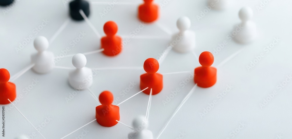 Poster abstract representation of networking and collaboration using figurines connected by lines, symboliz