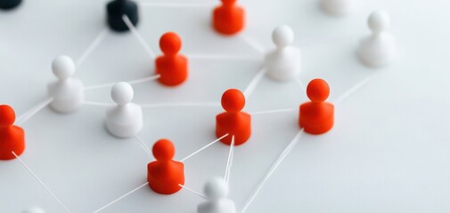 Obraz premium Abstract representation of networking and collaboration using figurines connected by lines, symbolizing teamwork and connections.