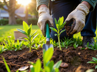 Fototapeta premium Gardening in your own garden. Vegetable garden and plants, growing in a greenhouse.