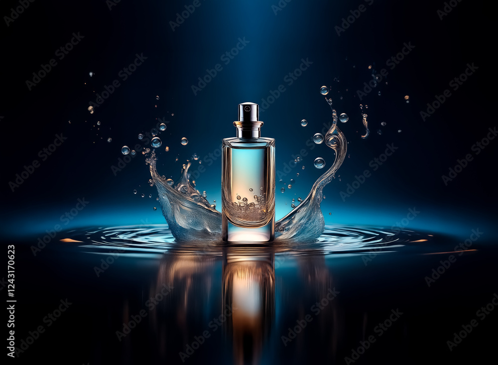 Poster elegant perfume bottle stands out. water dramatically splashes around it, creating a refreshing and 
