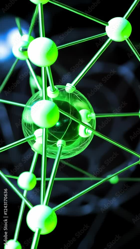 Poster visual representation of atomic structure illuminated in vibrant green hues showcasing scientific co