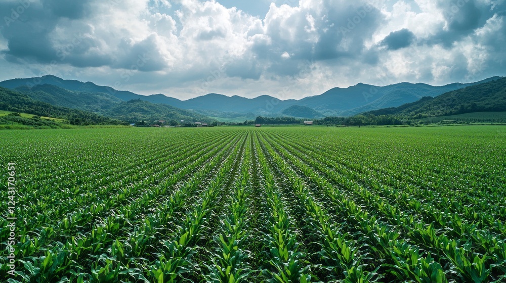 Poster rows of vibrant green corn stretch endlessly towards distant mountains under a swirling sky filled w