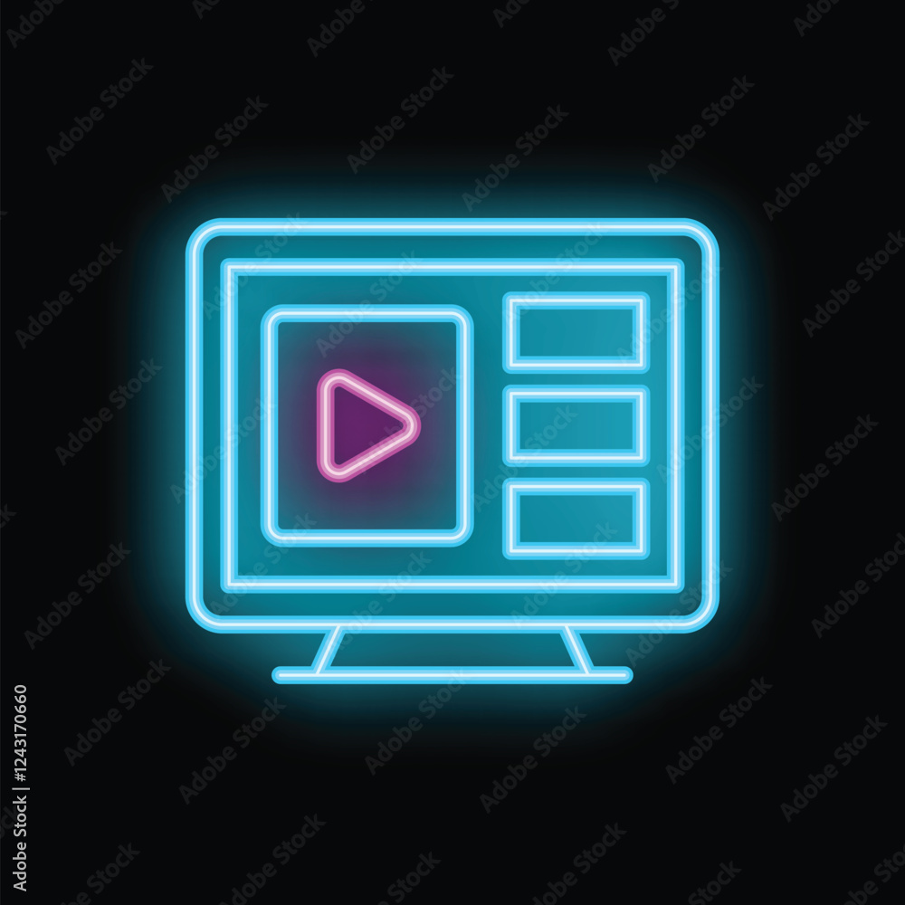 Poster neon sign representing a video player on a black background, displaying a play button and a timeline