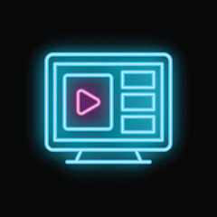 Neon sign representing a video player on a black background, displaying a play button and a timeline, with blue and purple colors