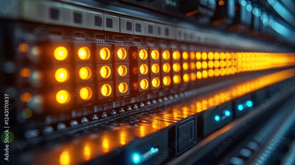 Poster close-up view of illuminated server lights in a data center, showcasing technology in action