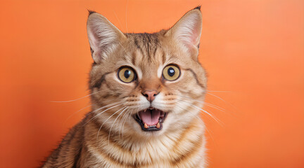 Obraz premium Cute Ginger Cat with Excited Expression Against Vibrant Orange Background