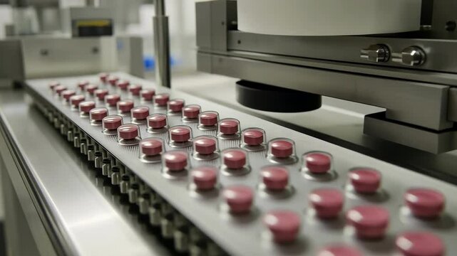 Automated assembly line of pink tablets in pharmaceutical factory
