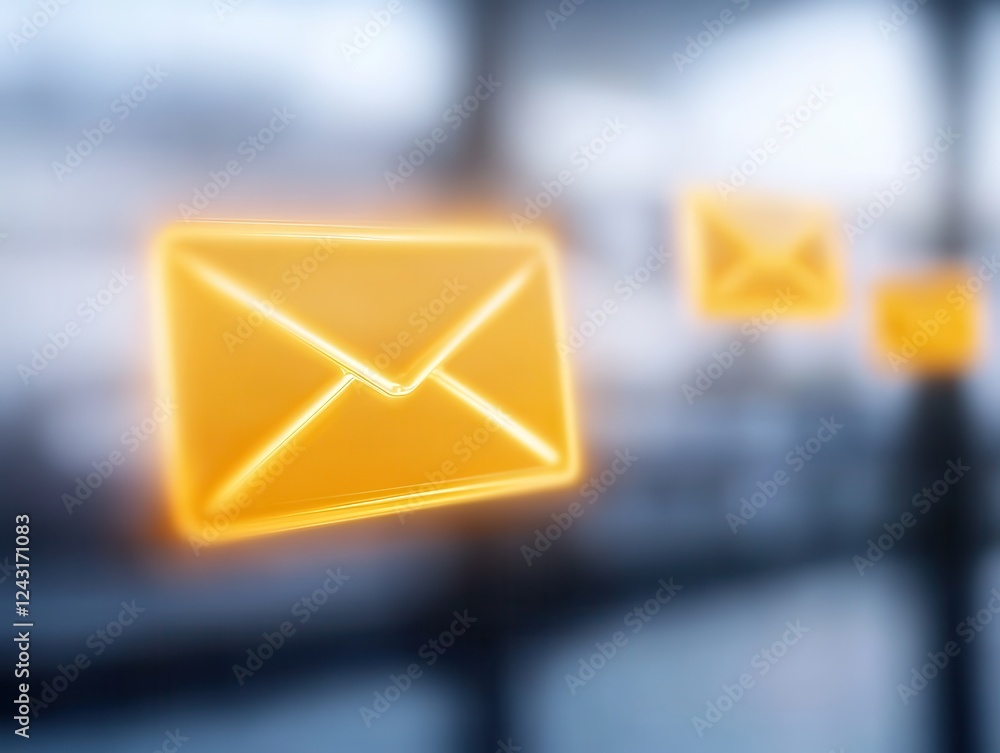 Poster an abstract representation of digital communication, featuring illuminated envelope icons, symbolizi