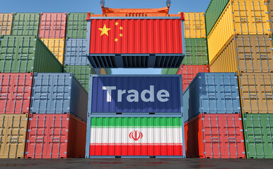 Cargo Container with China and Iran flag. 3D Rendering