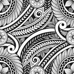 Seamless Polynesian tattoo pattern with flowers, leaves, and turtle