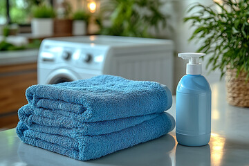 A neatly folded stack of clothes on a clean surface, with a white washing machine in the background and a container of unbranded liquid detergent in the foreground.