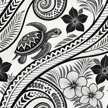 Seamless Polynesian tattoo pattern with flowers, leaves, and turtle
