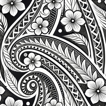 Seamless Polynesian tattoo pattern with flowers, leaves, and turtle
