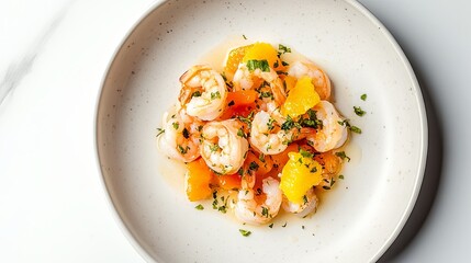 Simple white plate with shrimp cocktail and a citrus garnish.