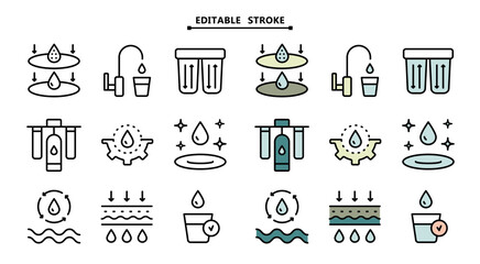 Simple Set of Water Related Vector Color Icons. Editable stroke. Water purification icon set. Wastewater treatment collection. Osmosis and desalination. Filtration process. Potable water symbols. Isol