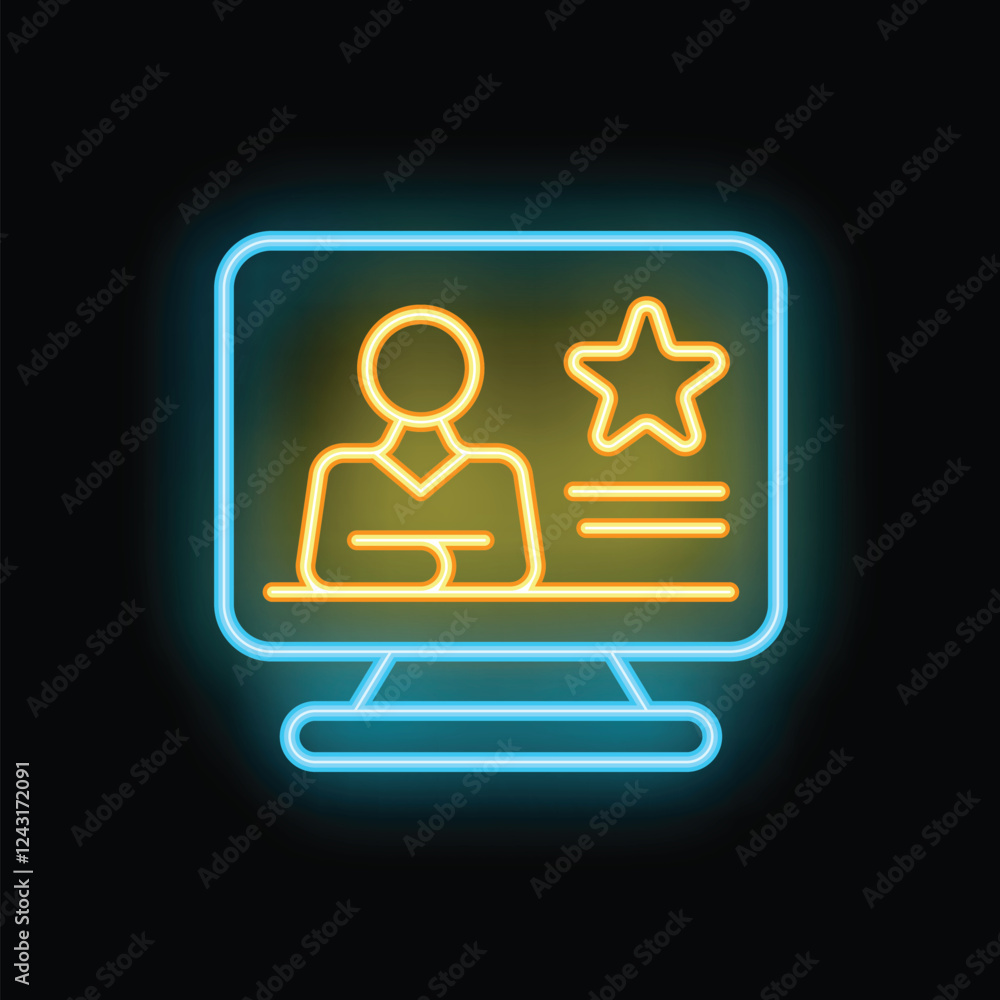 Poster bright neon icon of a computer screen displaying user profile information with a star symbol, repres